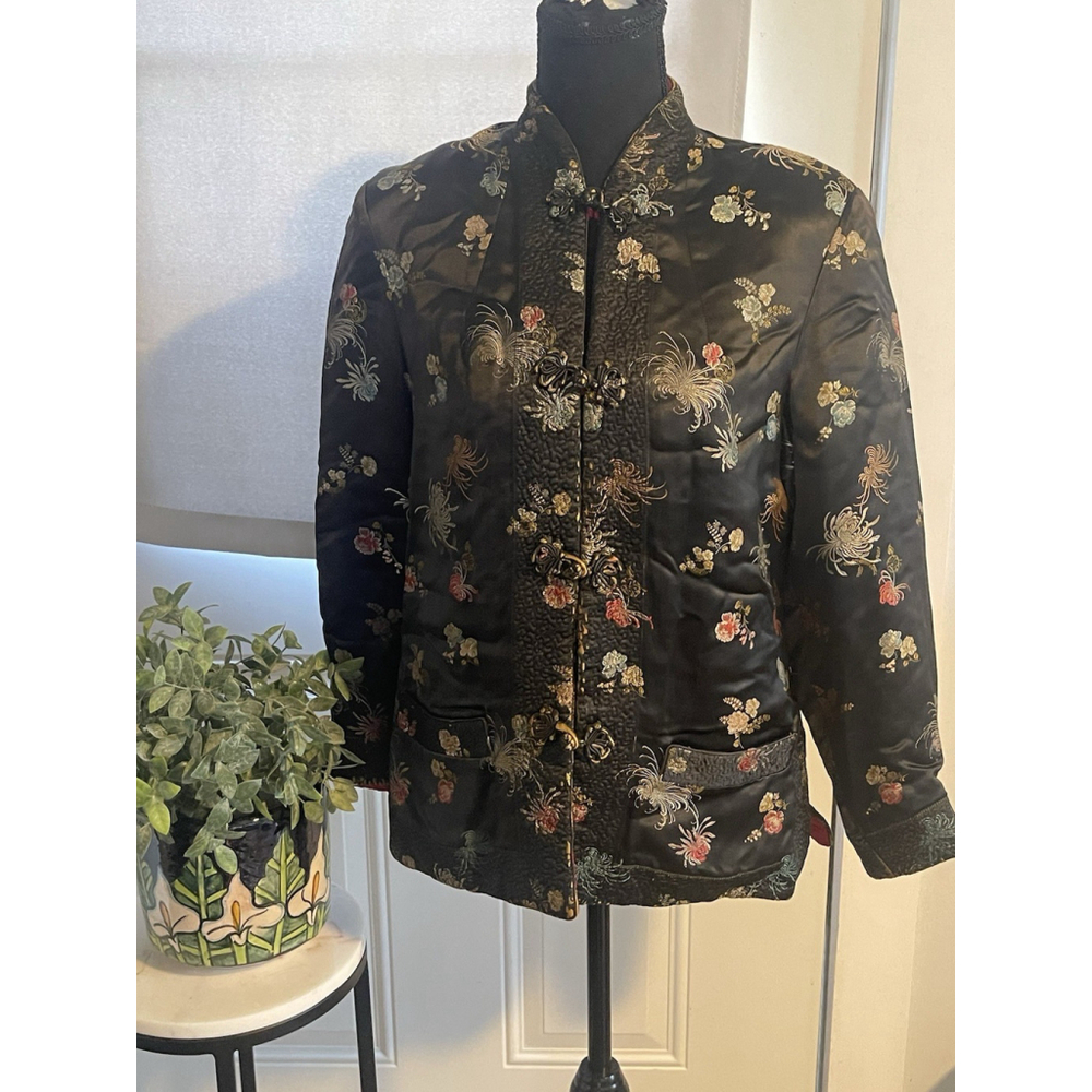 Vintage Reversible S/M Silk Tang Jacket Chinese Oriental Red Black Embroidered